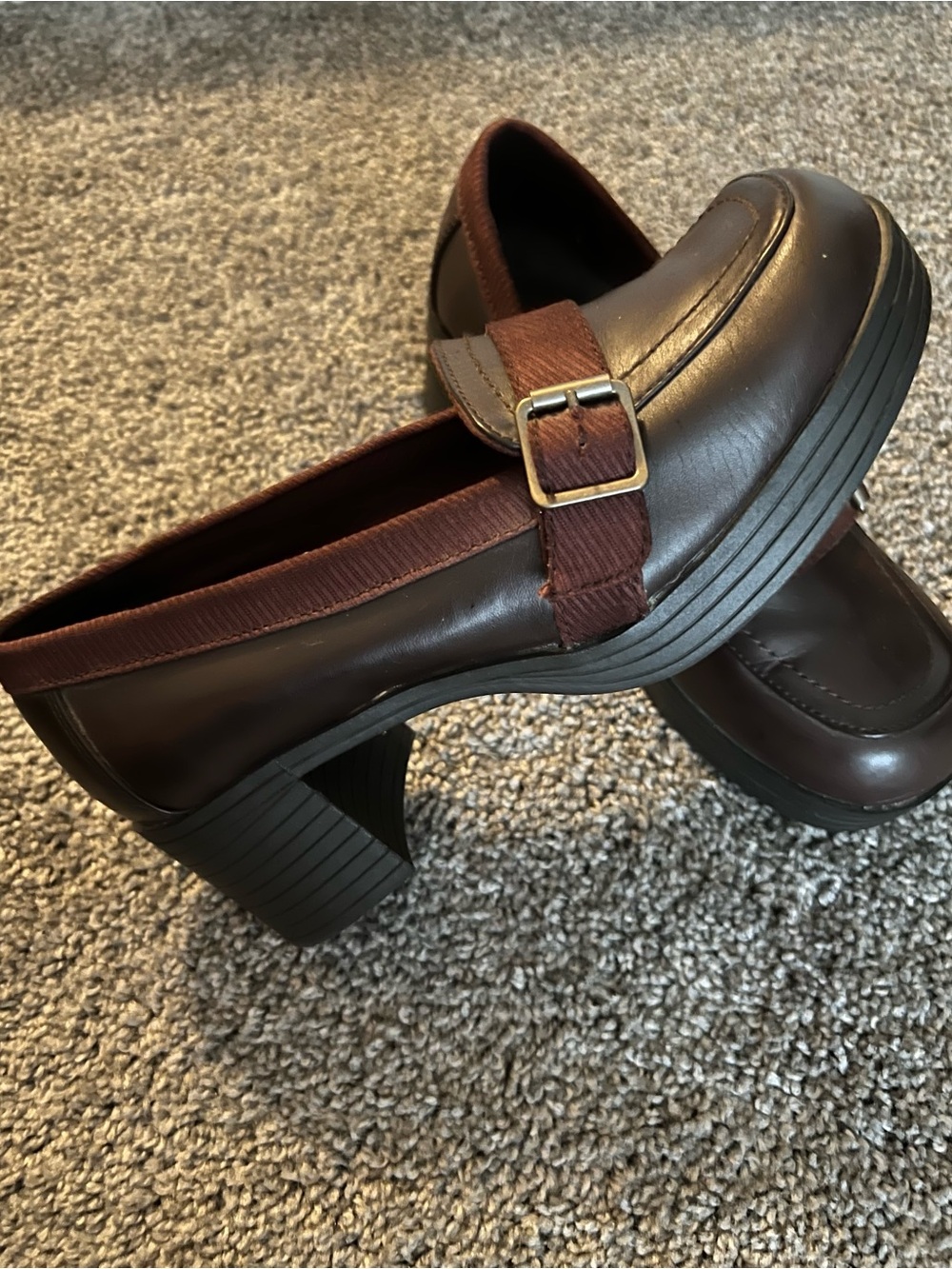 Vintage Gitano Brown Mary Jane Block Heel Loafers with Buckle Strap